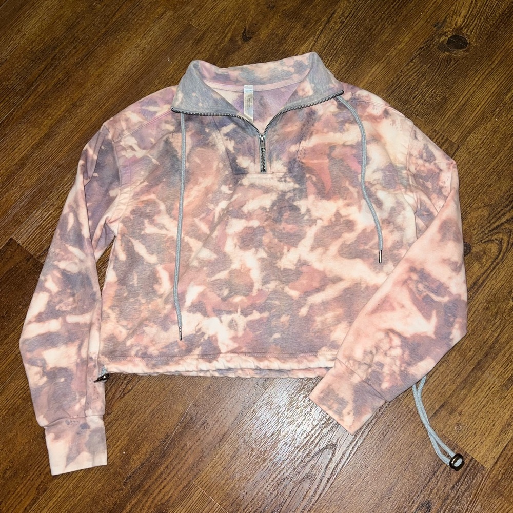 Gray Pink Colorful Acid Wash Quarter Zip Crop Long Sleeve Boho Pullover Size M - Picture 1 of 13